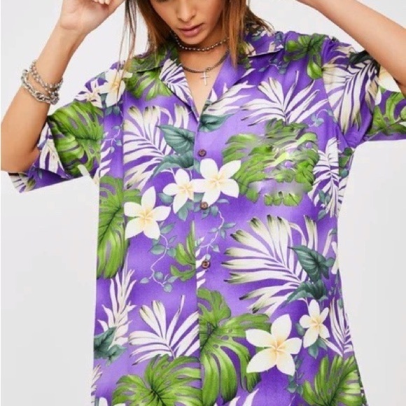 Y2K Hawaiian Print Button Front Shirt Floral Palm Print Purple Cotton Hawaii S - Picture 1 of 11